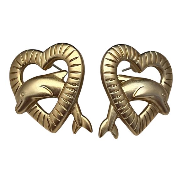 Vintage Earrings Hearts with Dolphins Inside Gold Tone  NEW 11D - Picture 5 of 5